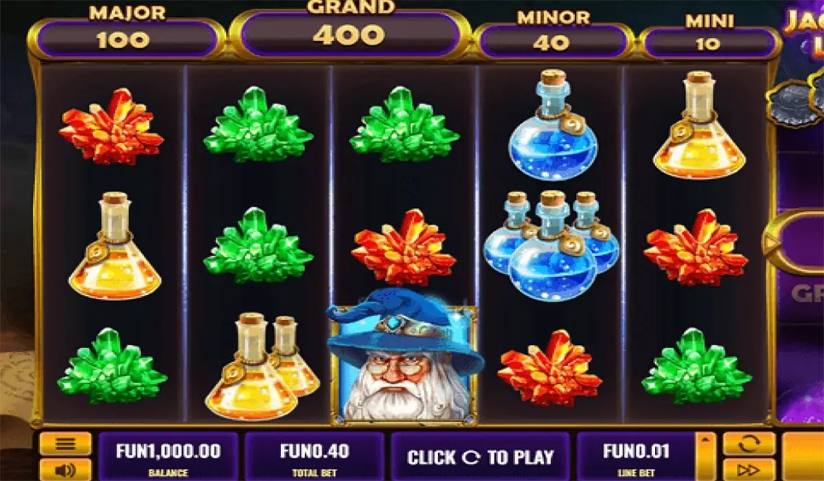 Slot game reels showing colourful gems and potion bottles on a dark background, with jackpot tiers (Major, Grand, Minor, Mini) displayed at the top and a wizard character symbol appearing on the bottom row.