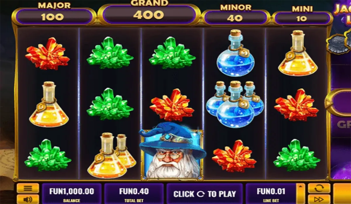 Slot game reels showing colourful gems and potion bottles on a dark background, with jackpot tiers (Major, Grand, Minor, Mini) displayed at the top and a wizard character symbol appearing on the bottom row.