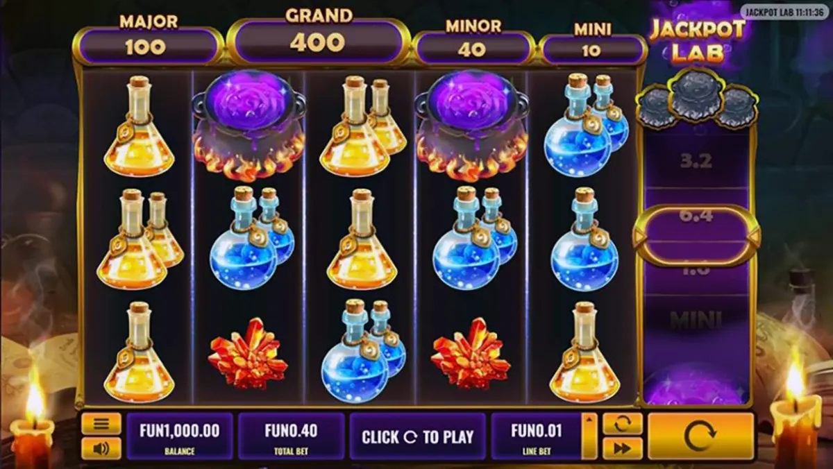 Slot game screen with potion bottles and crystal symbols on five reels, featuring a glowing purple cauldron bonus icon near the top, jackpot tiers (Major, Grand, Minor, Mini) above the reels, and the “Jackpot Lab” panel with a purple meter on the right.